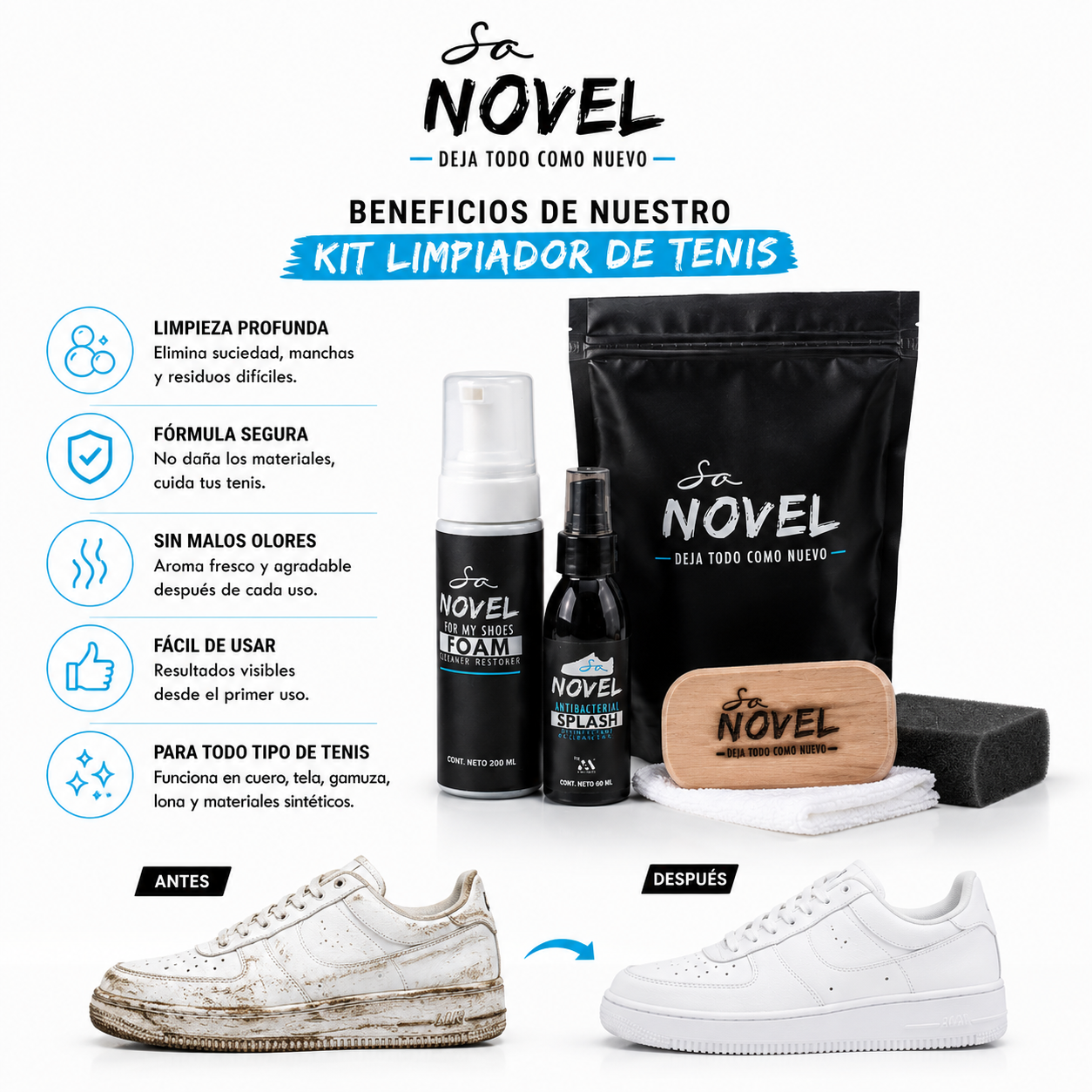 KIT LIMPIADOR DE TENIS EN SECO CON ANTIBACTERIAL.