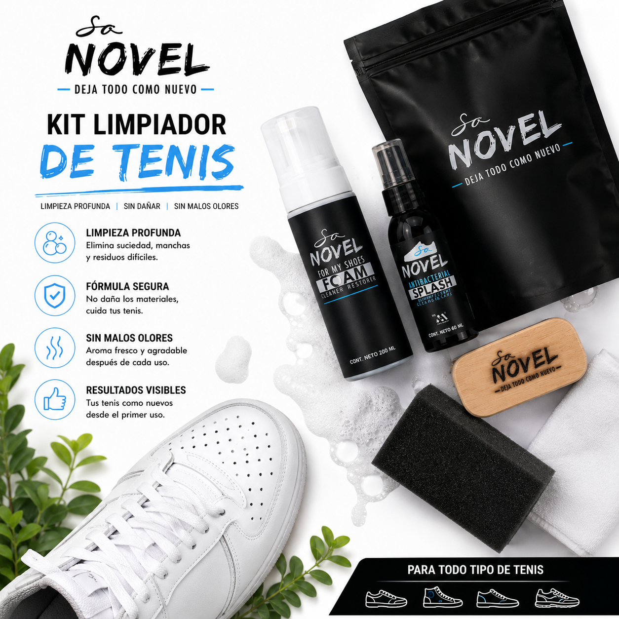 KIT LIMPIADOR DE TENIS EN SECO CON ANTIBACTERIAL.